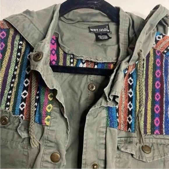 Wet Seal 100% Cotton Green Cargo Utility Hooded Jacket Southwest Patteren - Picture 6 of 9